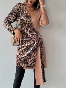 SHEIN Clasi Women's Spring/Autumn Leopard Patchwork Side Tie Knot Long Sleeve Cardigan Fall Cloth For Women - Multicolor - View 1
