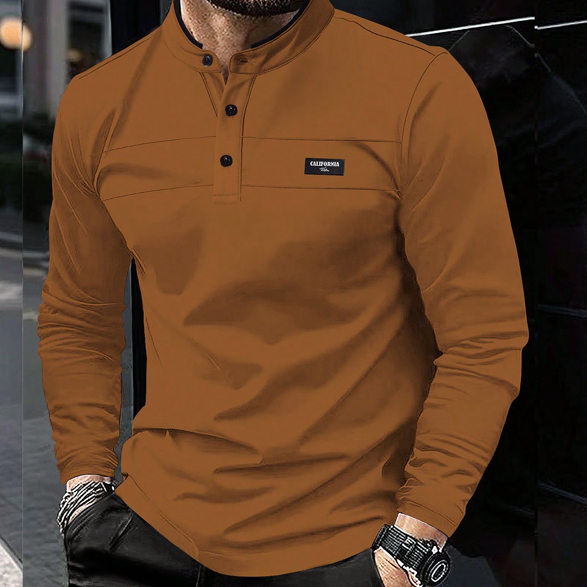 Camisa polo casual de manga larga con estampa de letras para hombres, primavera y verano