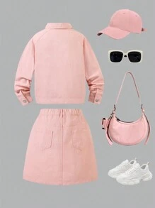 2pcs Pink Loose Long Sleeve Blouse + Loose Simple Pink Denim Skirt Set, For Teenage Girls, Spring/Autumn - Pink - View 2