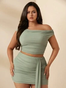 SHEIN BAE Plus Size Women's Elegant Sweet Date Summer Sage Green Asymmetrical Neck Solid Color Cascading Ruffle Blouse + Ruffled Mini Skirt 2Pcs Set