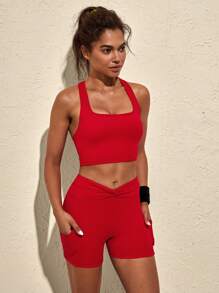 VARSITIE Halter Tank Top And Twisted Shorts Seamless Women Sports Sets - Red - View 3