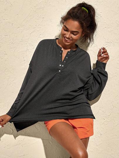 VARSITIE Loose Casual Sleeves With Center Front Buttons Women Sports Tees & Tanks