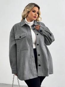SHEIN CURVE+ Plus Drop Shoulder Flap Pocket Overcoat,,Fall Women Clothes,Fall Tops,Fall Outfits - Grey - View 6
