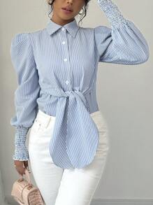SHEIN Clasi Women's Button-Down Long Sleeve Striped Shirt With Tie Waist - Blue and White - View 6