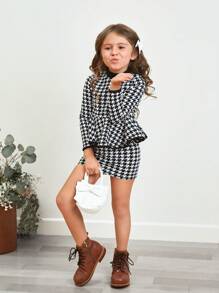 SHEIN Young Girl Houndstooth Print Ruffle Trim Dress - Black and White - View 3