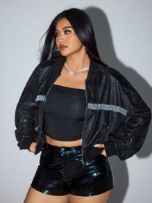 SHEIN ICON 大码亮片拼布拉链休闲夹克 - 黑色 - 查看 5