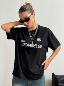 StreetHx Casual Style Printed Side Seam Contrasting Striped Loose Short Sleeve Crew Neck T-Shirt - Black - View 6