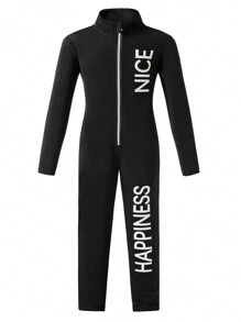 SHEIN Tween Girl 休闲运动字母连体裤 - 黑色 - 查看 1