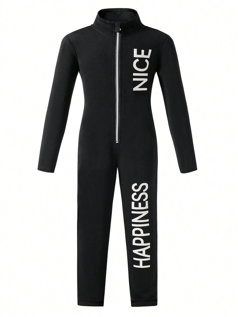 SHEIN Tween Girl 休闲运动字母连体裤 - 黑色 - 查看 1