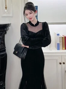 DAZY Váy dài tay dài viền đuôi cá bằng vải voan thanh lịch dành cho nữ, mùa xuân/thu, sinh nhật, tiệc dạ hội đêm giao thừa - màu đen - Xem 3