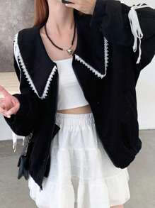 DAZY Women's Color Block Trim Knot Peter Pan Collar Long Sleeve Black Jacket - Black - View 5