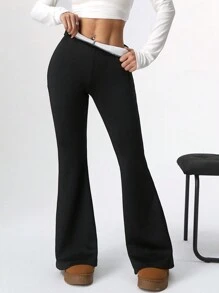 SHEIN EZwear Pantalones acampanados con forro térmico para mujer, corte ajustado