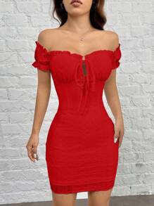 SHEIN EZwear Vestido ajustado de punto con hombros descubiertos - Rojo - Ver 3