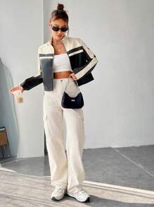 Muchica 春秋拼色拉链短外套 - 黑色 - 查看 5