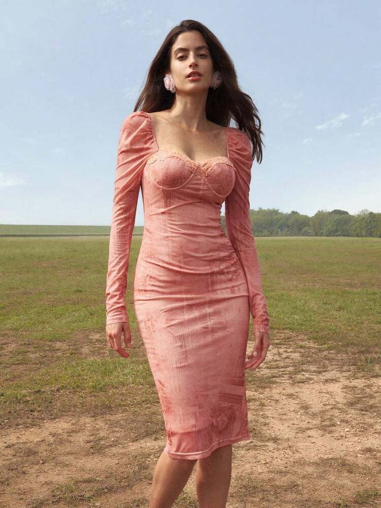 オレンジとピンクのコントラストレース、長袖フラワープリントドレス