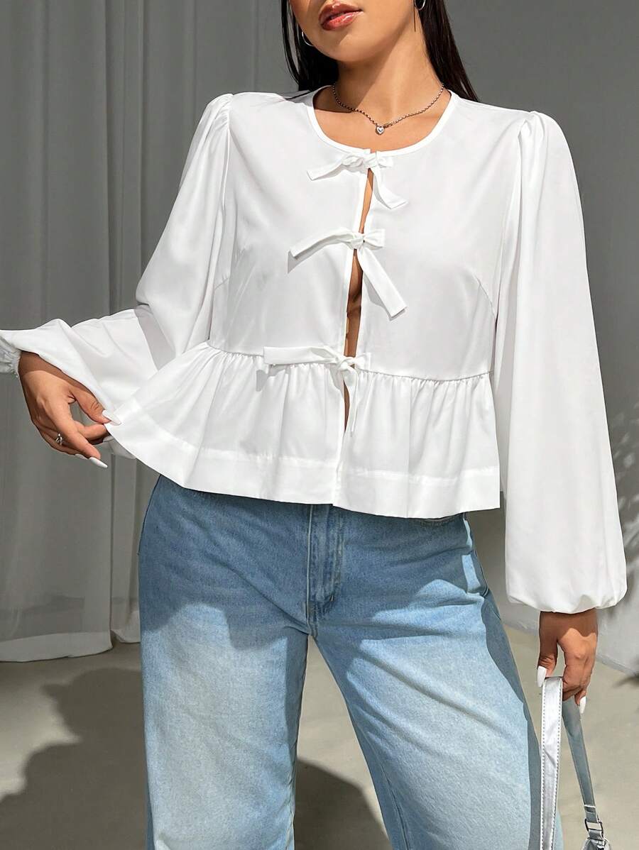 SHEIN EZwear Áo cánh tay đèn lồng màu trắng cỡ lớn cho nữ mùa xuân và mùa hè có dây buộc phía trước và viền xếp nếp - trắng - Xem 1