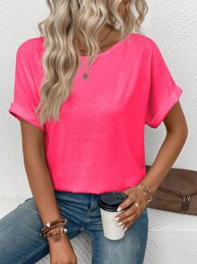 SHEIN LUNE Áo thun nữ tay ngắn cổ tròn đơn giản màu trơn mặc hàng ngày - Hồng - Xem 4