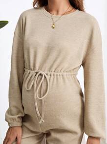 SHEIN Maternity Long Sleeve Jumpsuit With Drawstring And Bow Knitted Romper For Fall/Winter - Khaki - View 5