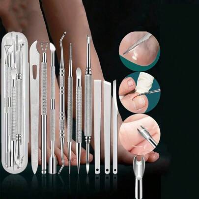 SHEIN Kit pedicura 10 en 1, kit de cuidado de los pies de acero inoxidable para uso en el hogar y salones, incluye lima, caja portátil de almacenamiento, kit de viaje, bolsa, organizador, regalo navideño