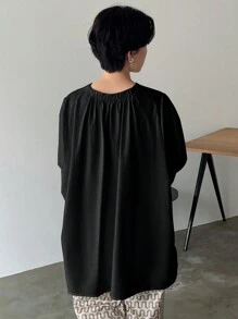 FRIFUL 女士圆领短袖纯色休闲宽松舒适时尚 T 恤 - 黑色 - 查看 4