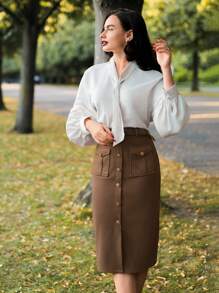 Vintamour Chân váy bút chì ôm dáng thanh lịch cổ điển dành cho nữ, màu nâu, có chi tiết cúc cài và thắt lưng, thích hợp cho mùa thu đông, phong cách công sở quý tộc thập niên 90, dự tiệc thời Phục Hưng, hội chợ dành cho giới thượng lưu. - Cà phê nâu - Xem 3