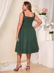 SHEIN Belle Plus Size Collar Strap Ruffle Tie-Waist Elegant Formal Dress (Heavily Embellished) - Dark Green - View 2