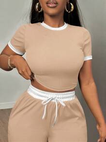 SHEIN SXY 2 件套撞色镶边圆领短袖上衣和抽绳裤套装 女式秋季服装 - 卡其色 - 查看 8