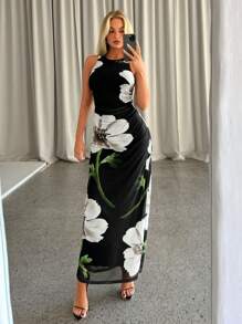 Aloruh 优雅女士连衣裙黑色连衣裙女士度假、海滩、夏季、通勤上班、街头、优雅、浪漫约会派对、下午茶、日常休闲、针织大花印花、无袖黑色修身紧身连衣裙长裙 - 黑色 - 查看 5