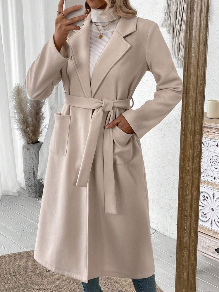 EMERY ROSE Women's Elegant Solid Color Stand Collar Long Sleeve Double Pocket Coat, Winter Fall Cloth For Women - Khaki - View 1