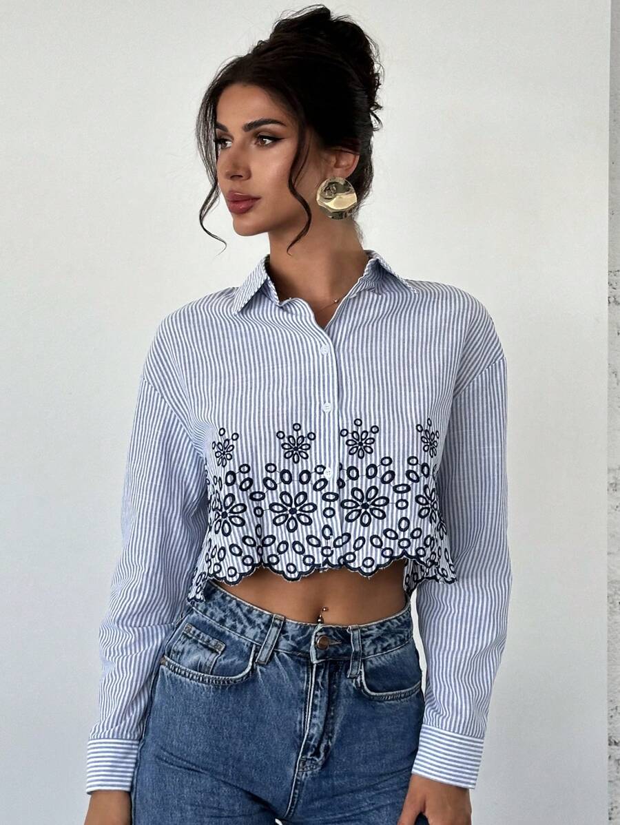 Firerie Women's Simple Casual Elegant Vacation Commuting Romantic Floral Embroidered Button Down Loose Striped Long Sleeve Shirt, Blouse