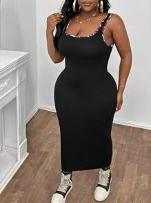 Slaydiva 大码女士休闲日常无袖直筒连衣裙，黑色豹纹领子，纹理罗纹面料，长款，春夏 - 黑色 - 查看 3