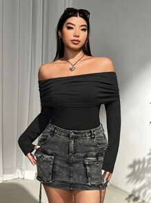 SHEIN EZwear Áo trễ vai màu đen cỡ lớn cho nữ, Thu/Đông - màu đen - Xem 5