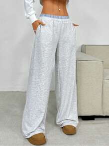 SHEIN Pantalones anchos informales y holgados de cintura alta con bloque de color y dobladillo sencillo y cómodo para niña preadolescente