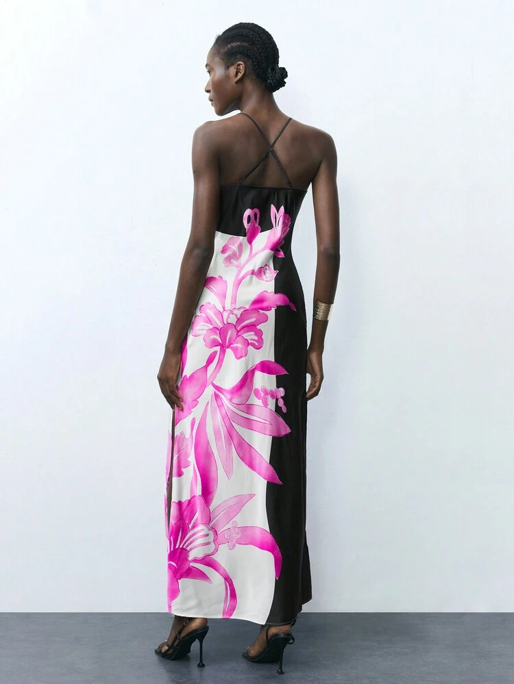 SHEIN Maija Women Spaghetti Strap Backless Floral Print Color Block Fitted Slit Dress Floral Dress
