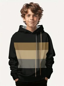 SHEIN Leap Crew 复古条纹印花，青少年男童休闲简约宽松长袖卫衣，适合秋冬季穿着 - 彩色 - 查看 1