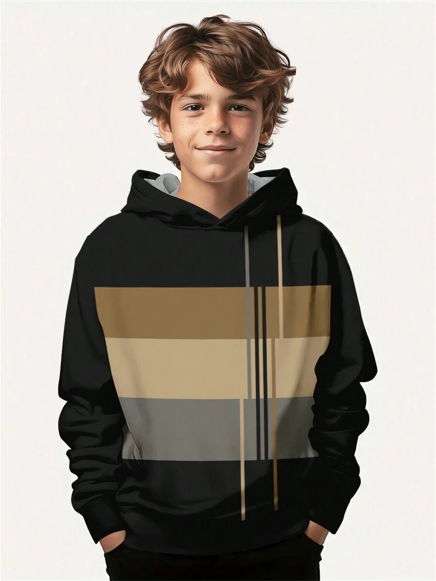 SHEIN Leap Crew 复古条纹印花，青少年男童休闲简约宽松长袖卫衣，适合秋冬季穿着 - 彩色 - 查看 1