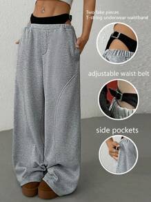 SHEIN EZwear Pantalones anchos casuales y versátiles de 2 en 1 con entrepierna ancha de punto gris para mujer