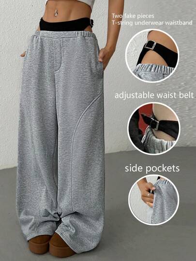 SHEIN EZwear 女士灰色针织二合一内裤拼接阔腿宽松休闲百搭裤