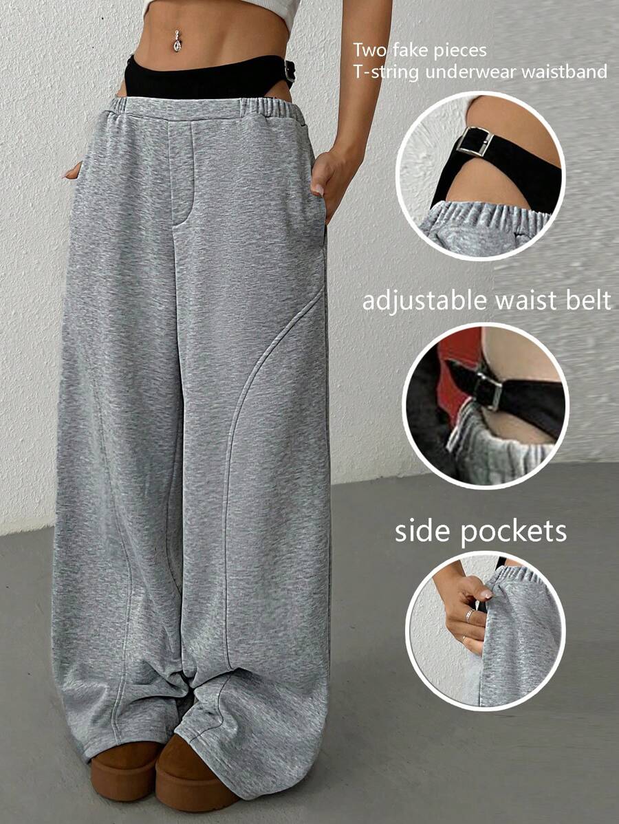 SHEIN EZwear Women's Gray Knitted 2 In 1 Panties Spliced ​​Wide Leg Loose Casual Versatile Pants - Grey - View 1