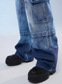 Manfinity Roghcode Quần Jeans Denim Thường Ngày Có Túi Và Nút Cho Nam - Rửa nhẹ - Xem 9