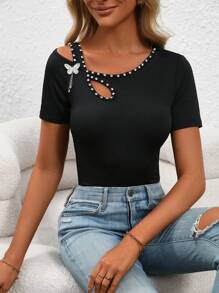 SHEIN LUNE Rhinestone Decor Hollow Out Round Neck Short Sleeve T-Shirt For Summer - Black - View 4