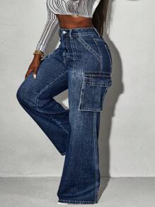 SHEIN Slayr 女式超大口袋简约设计牛仔裤 - 藏蓝色 - 查看 5