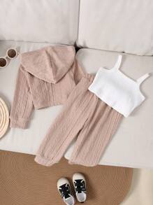 Bộ 3 món/Bộ đồ liền quần, áo chui đầu, áo ba lỗ và quần dài thường ngày cho bé gái, mùa thu/đông - Màu Khaki - Xem 2