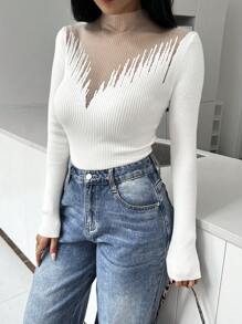 SHEIN Essnce 2024 Autumn Winter New Sheer Mock Neck Slim Fitted Knit Top For Women