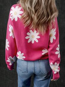 Cute Casual Long-Sleeved Knit Sweater With Daisy Floral Pattern And Round Neck - Pink - View 2