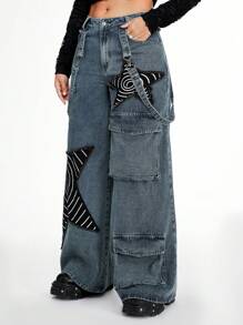 ROMWE Grunge Punk Women's Punk Distressed Washed Star Patch Loose Cargo Wide Leg Pants - Blue - View 5