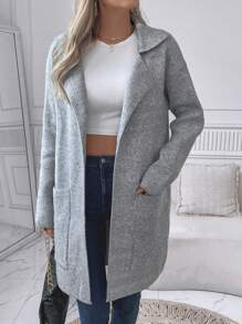 SHEIN LUNE Áo len cardigan dài tay màu trơn thường ngày có túi - Xám - Xem 6