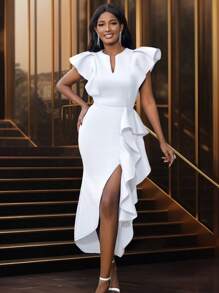 缺口领短袖不对称下摆派对礼服，优雅鸡尾酒半正式舞会礼服，适合生日、婚礼嘉宾、毕业典礼、晚宴、返校节 - 白色 - 查看 6