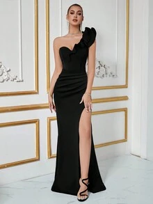 ADYCE Vestido elegante de noche, fiesta, graduación, cena, color negro formal para bodas y eventos, con un hombro, fruncido, pliegues delanteros y abertura lateral - Negro - Ver 3