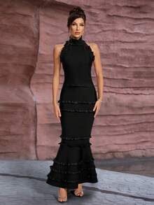 女士无袖褶皱露背荷叶边美人鱼绷带连衣裙 - 黑色 - 查看 2